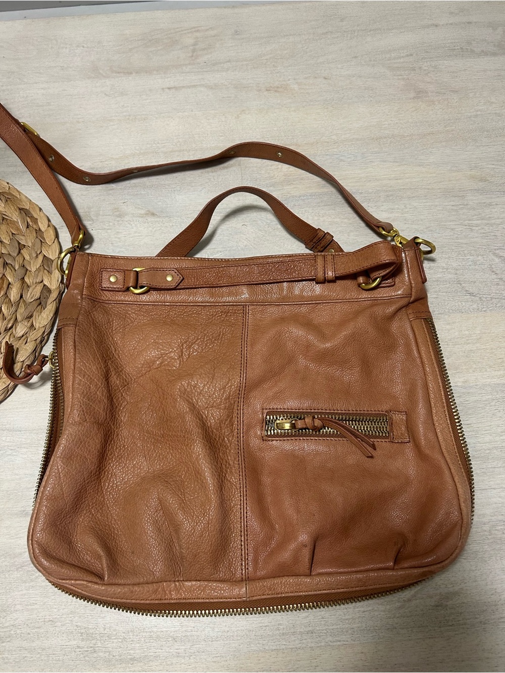 Steven By Steve Madden Leather Expandable Zipper Hobo Bag in a rich cognac brown